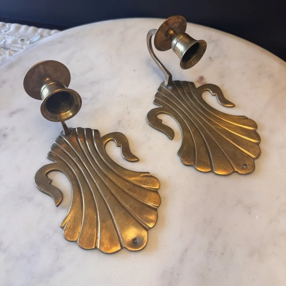 Pair Of Vintage Solid Brass Scalloped Shell Wall Sconce Candle Holders